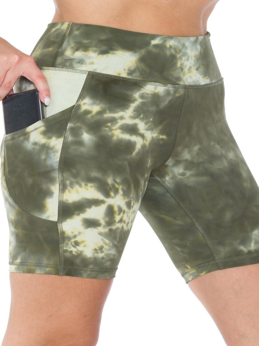Women's Premium 8" Inseam Bike Shorts w/Pockets Sizes S-XL Green Tie Dye